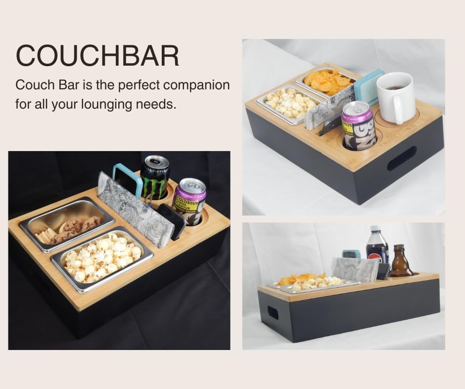 Couchbar-Organizer aus Holz mit Snackbox aus Edelstahl - Snackbar