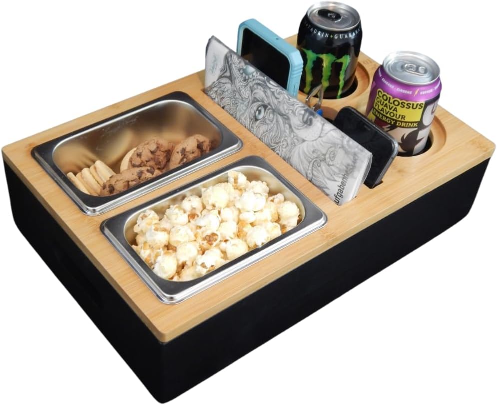 Couchbar-Organizer aus Holz mit Snackbox aus Edelstahl - Snackbar