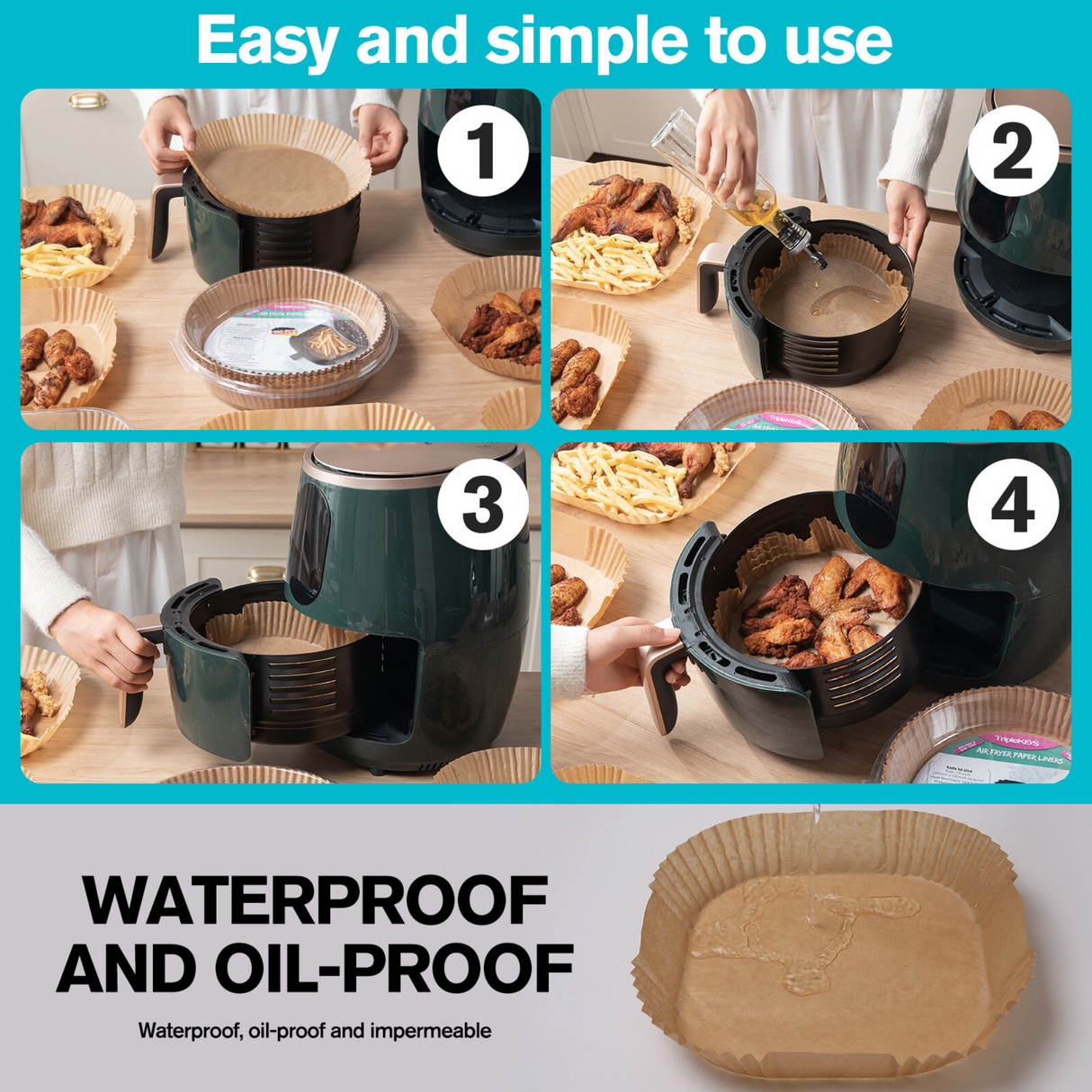 TRIPLE K&S Backpapier für Airfryer 4–6,5L XL Rund 20cm 100 Stk Antihaft