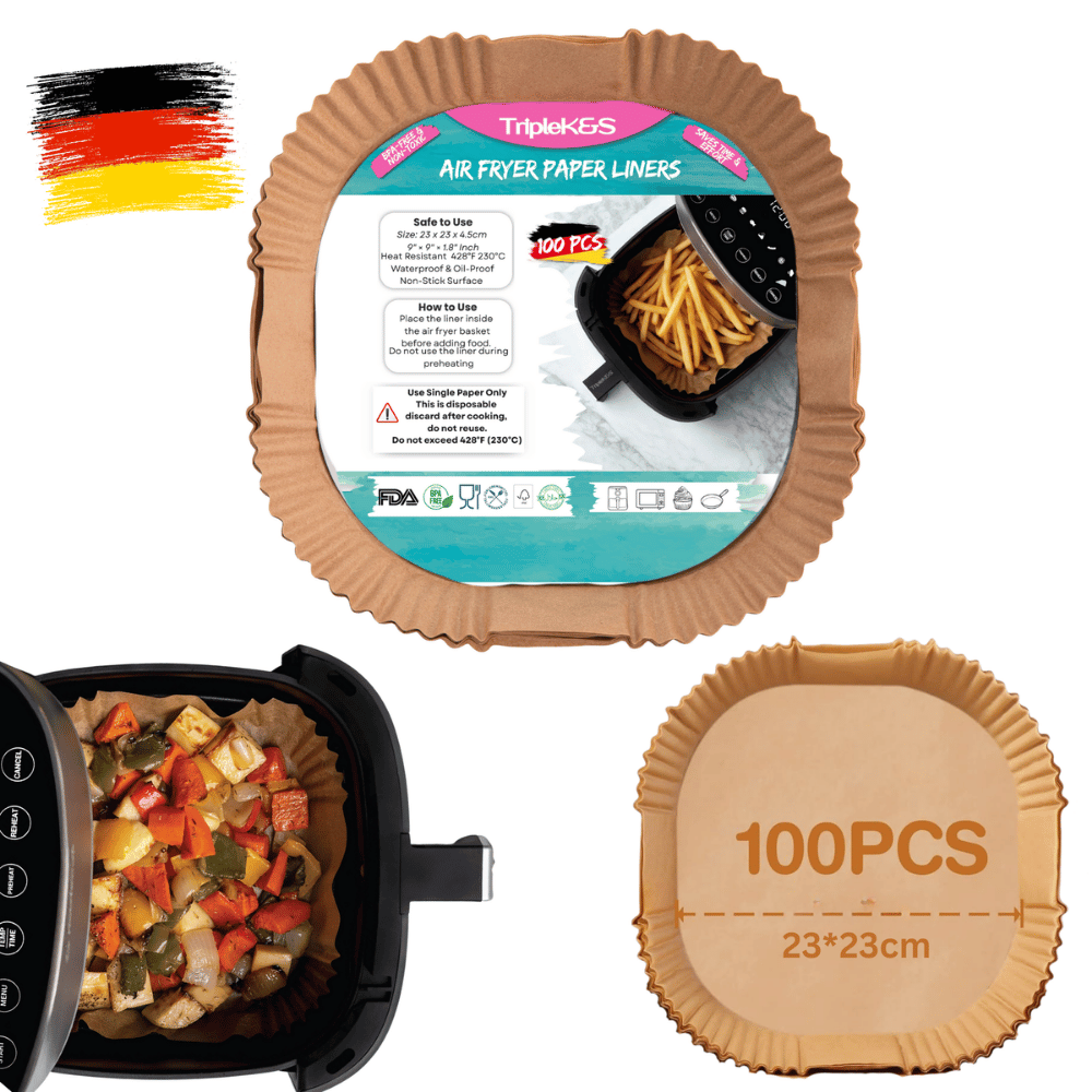 TRIPLE K&S® Airfryer Backpapier – Premium Antihaft Einweg Backpapier für Heißluftfritteuse (2L–10L | Rund & Quadratisch | 100–120 Stück | BPA-frei & Hitzebeständig)