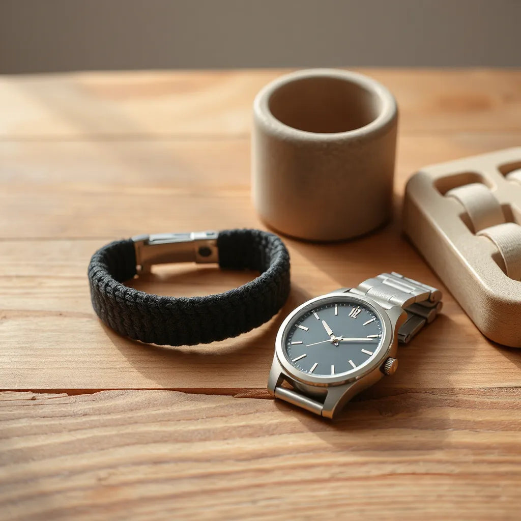 Ein Stoffarmband für Herren auf Holz mit Uhr, bei natürlichem Tageslicht und klar erkennbarer Textur.
