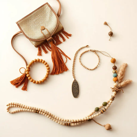 Böhmisch gestyltes Set aus Perlenarmbändern, Kette und Fransen-Tasche in warmen Naturtönen