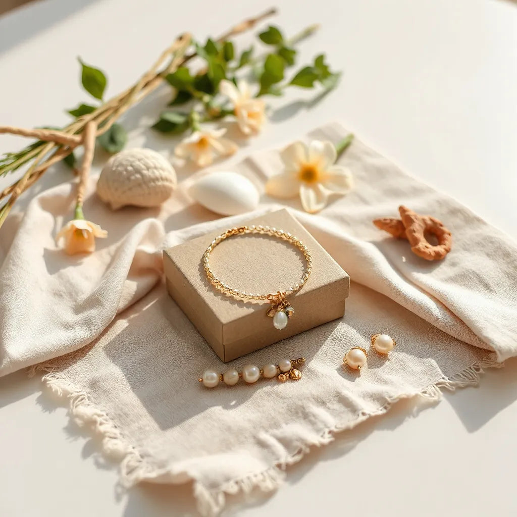 Sommerliches Set aus Kette, Armband und Ohrringen auf hellem Leinentuch mit Muscheln und Blumen