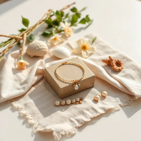 Sommerliches Set aus Kette, Armband und Ohrringen auf hellem Leinentuch mit Muscheln und Blumen