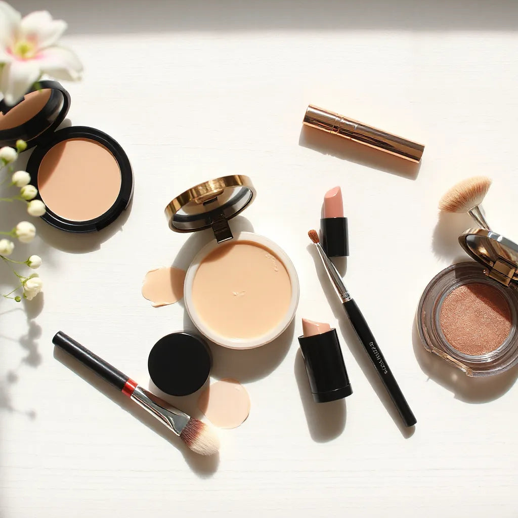 Vegane Make-up-Produkte in neutralen Tönen mit Pinsel auf hellem Holz unter weichem Tageslicht