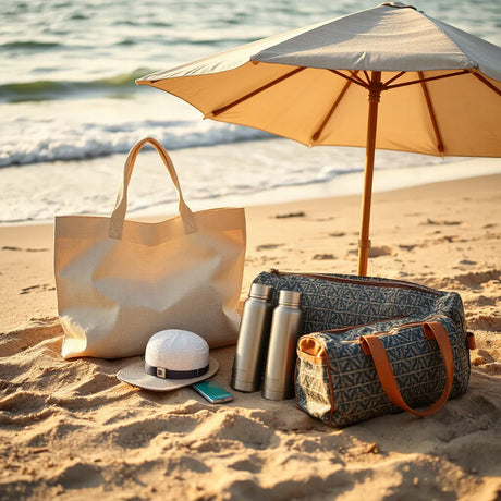 Langlebige Strandaccessoires auf Sand: robuste Tasche, Schirm und wasserdichte Matte
