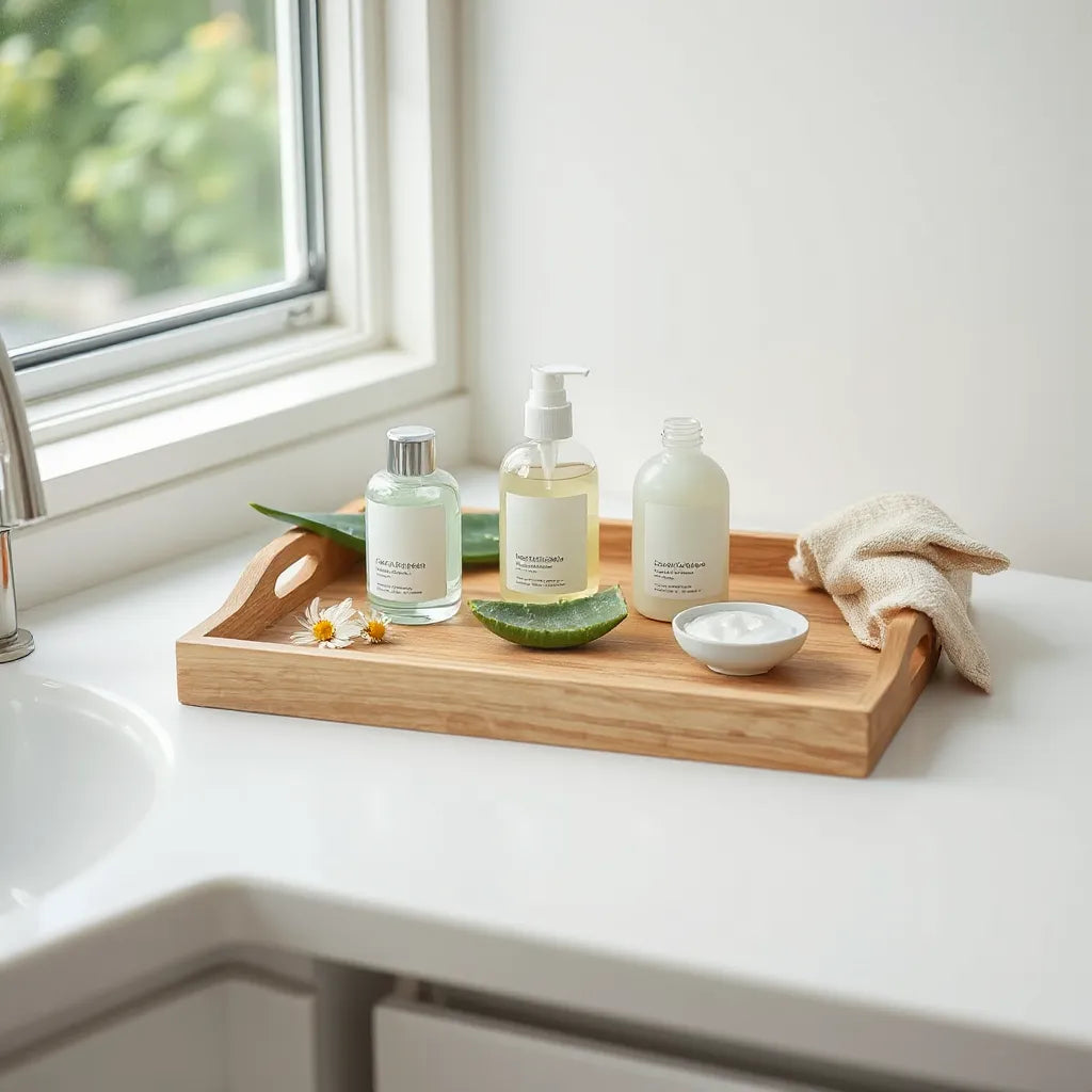 Bio-skincare Fläschchen mit Pflanzenextrakten auf heller Ablage im natürlichen Tageslicht