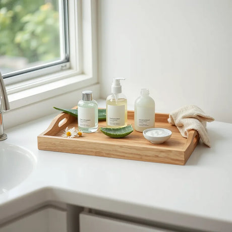 Bio-skincare Fläschchen mit Pflanzenextrakten auf heller Ablage im natürlichen Tageslicht