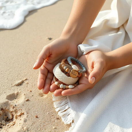 Bunte Armbänder mit Muschel- und Perlendetails auf einem Strandtuch am Meer