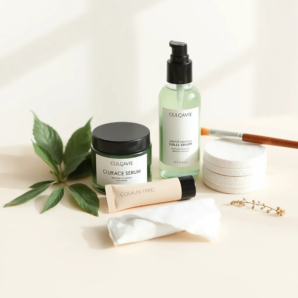 Skincare-Serum, Creme und Pflegestifte neben Puderpinsel auf hellem Hintergrund für eine cruelty-free Routine