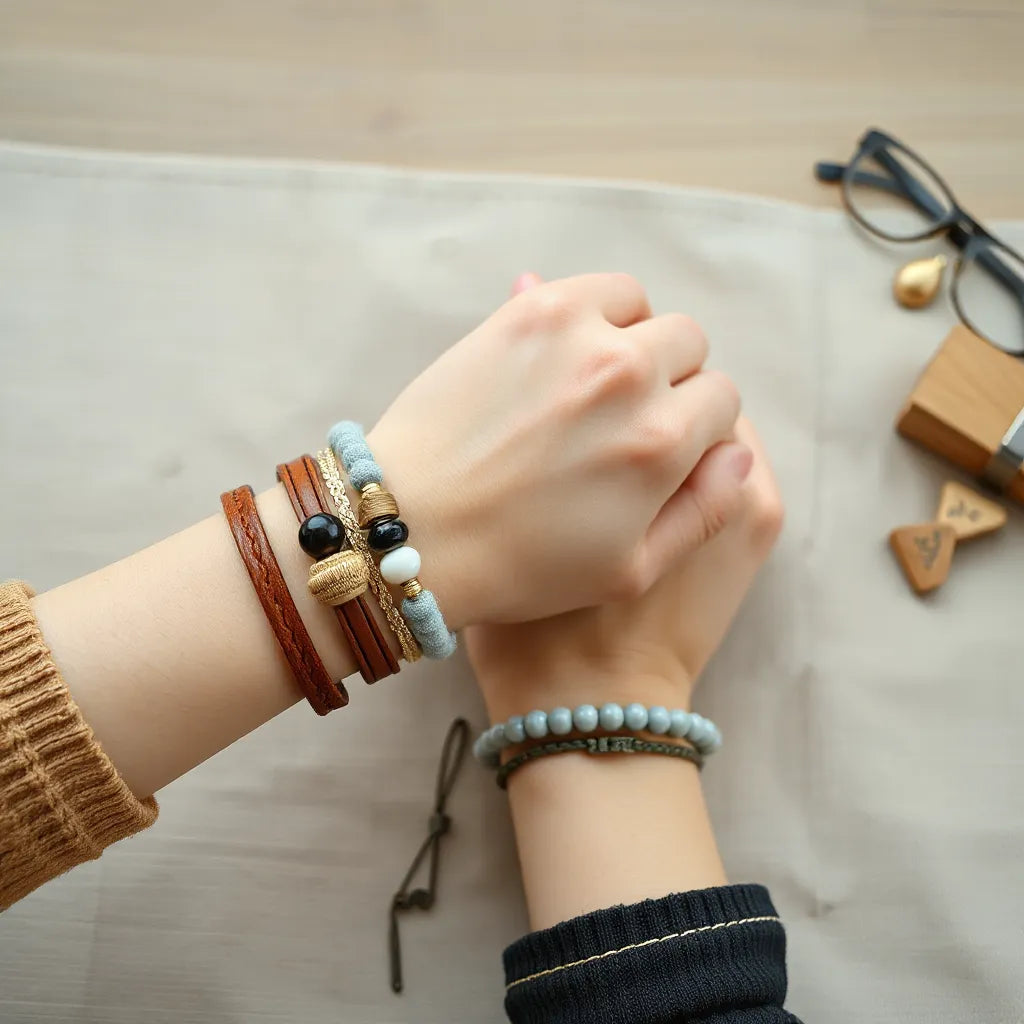 Zwei Handgelenke mit kombinierbaren Paar-Armbändern in passenden Farben und Materialien bei Tageslicht.