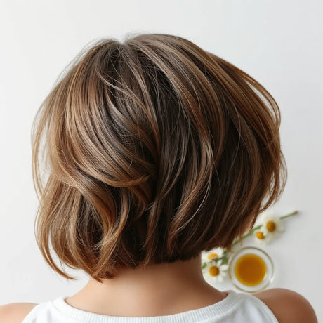Natürlich glänzendes Haar mit sanften Naturzutaten wie Kamille, Aloe und Olivenöl im Hintergrund