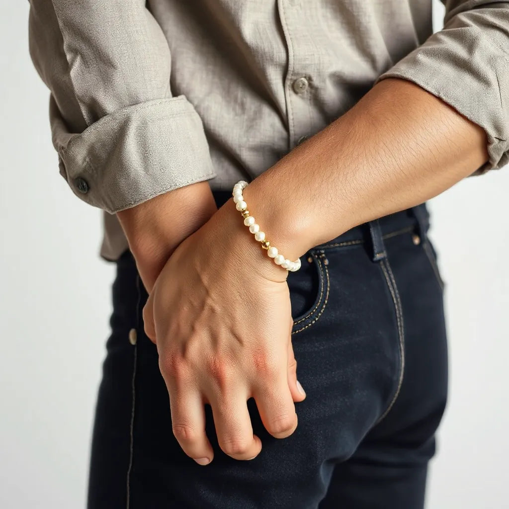 Männliches Handgelenk mit schlichtem Perlenarmband in Naturtönen bei Tageslicht