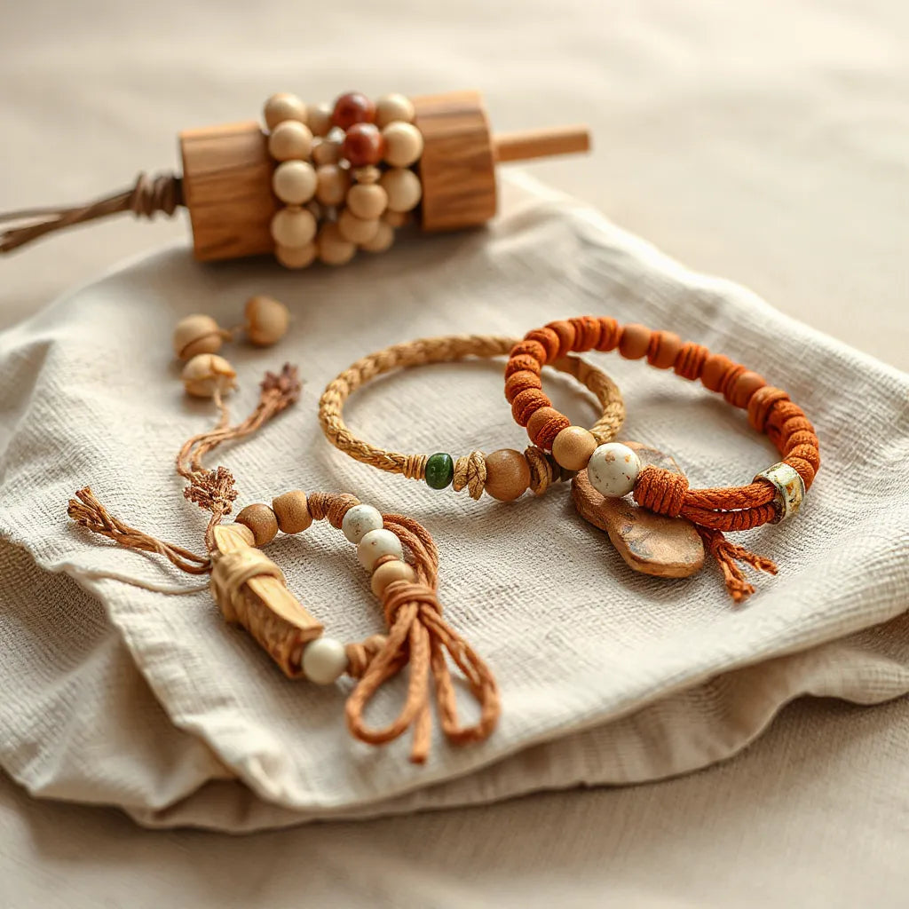 Mehrere handgefertigte Boho-Armbänder in Erdtönen auf Leinen mit Holz- und Steinperlen