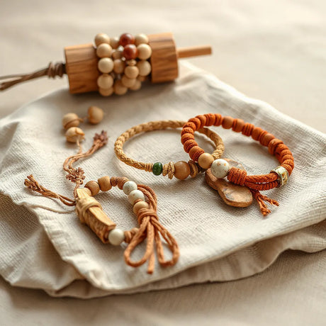 Mehrere handgefertigte Boho-Armbänder in Erdtönen auf Leinen mit Holz- und Steinperlen