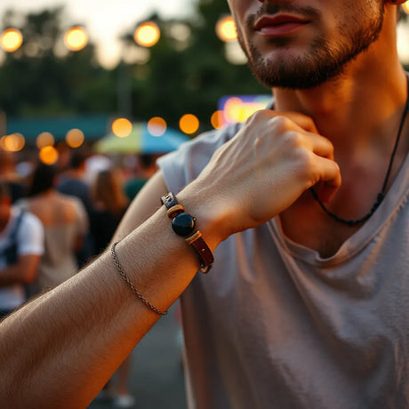 Mann mit dezenten Armbändern und Kette in warmem Festivallicht, unscharfer Hintergrund mit Lichtern