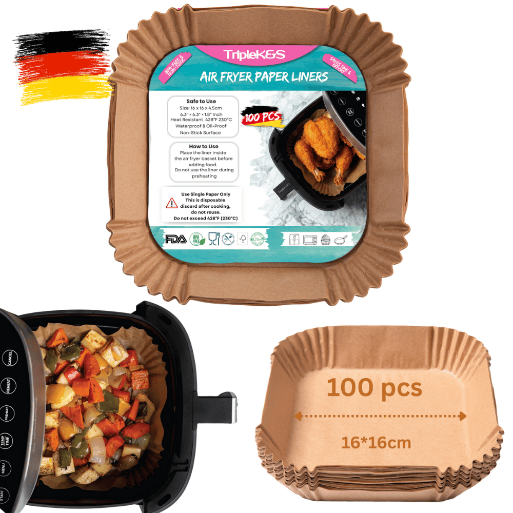 TRIPLE K&S Airfryer Backpapier 16×16 cm – 100 Stück für kleine Heißluftfritteusen 2–4,1 L