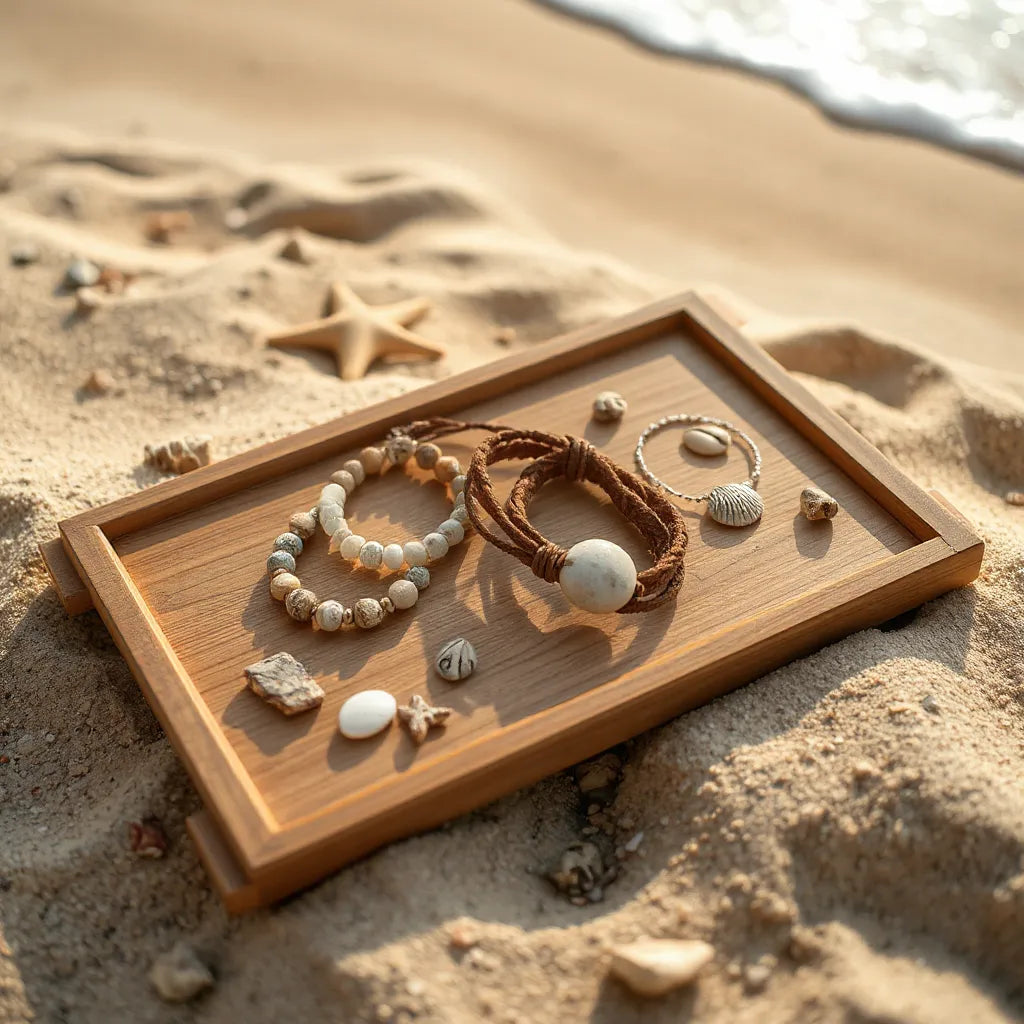 Handgefertigte Strandschmuck-Armbänder mit Muschel- und Steinanhängern auf einem Holztablett am Sandstrand