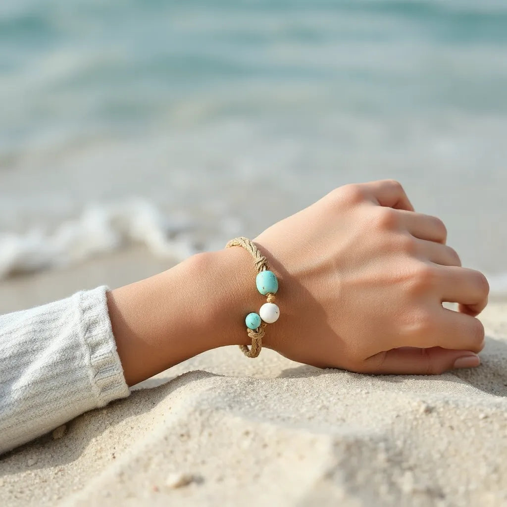Boho Surfer-Armband am Handgelenk mit Naturperlen und geflochtenem Band vor unscharfem Meerblick