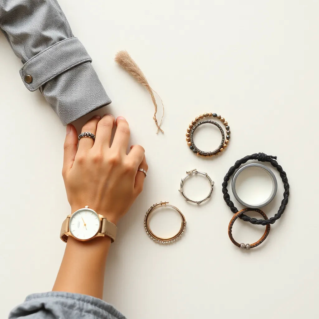 Mehrere kombinierte Armbänder am Handgelenk, dazu weitere Armketten und Lederarmbänder auf einem Holzbrett