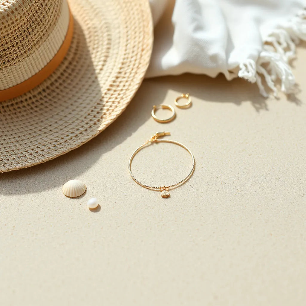 Feiner Schmuck aus Gold und Silber liegt auf Sand nahe Muscheln und Meerblick