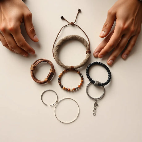 Mehrere Unisex-Armbänder in verschiedenen Materialien liegen auf beigem Hintergrund, teils werden sie gerade angeordnet.
