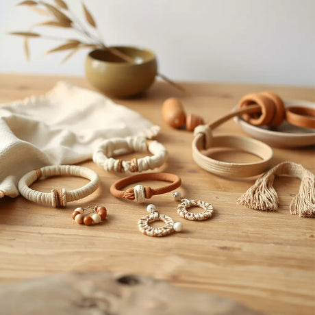 Handgefertigte Boho-Accessoires wie Armbänder, Ohrringe und ein Stirnband auf hellem Holztisch
