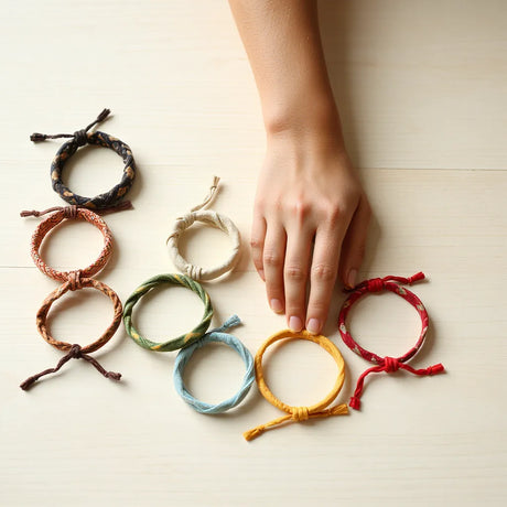Farbenfrohe Stoffarmbänder auf hellem Holz, eine Hand richtet ein Armband.