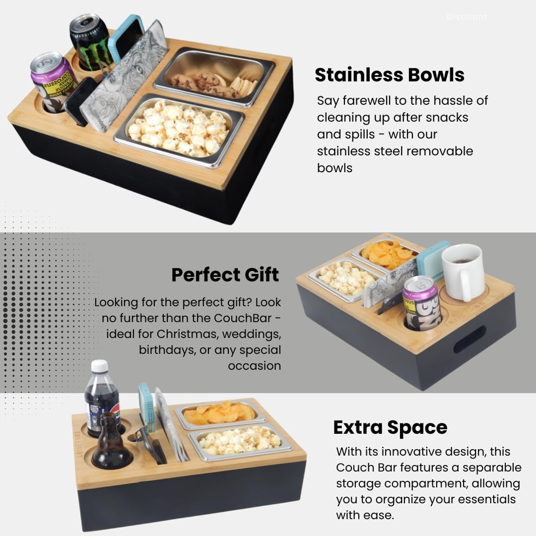 Couchbar-Organizer aus Holz mit Snackbox aus Edelstahl - Snackbar