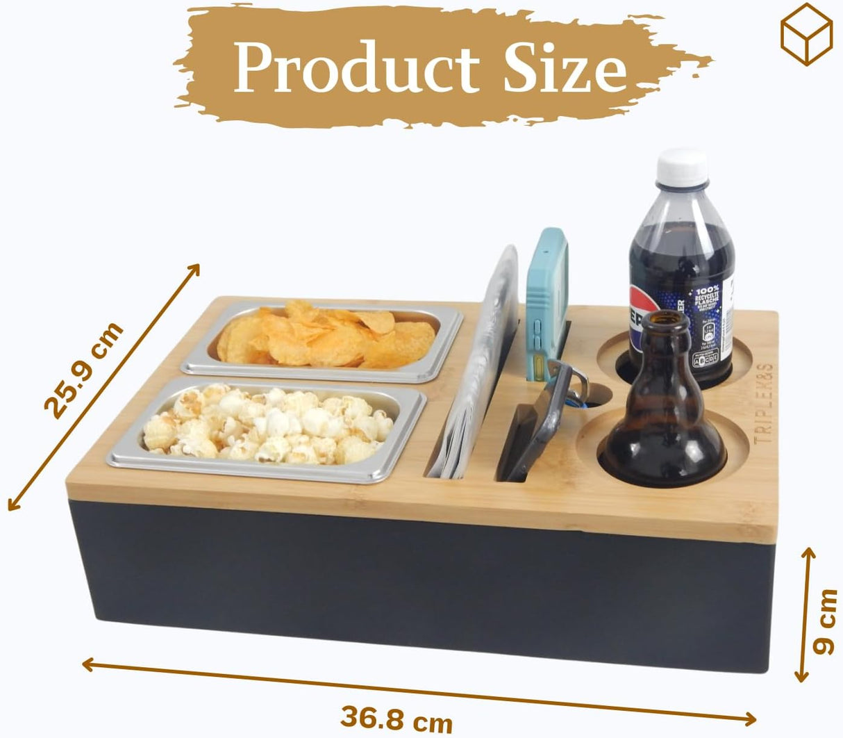 Couchbar-Organizer aus Holz mit Snackbox aus Edelstahl - Snackbar