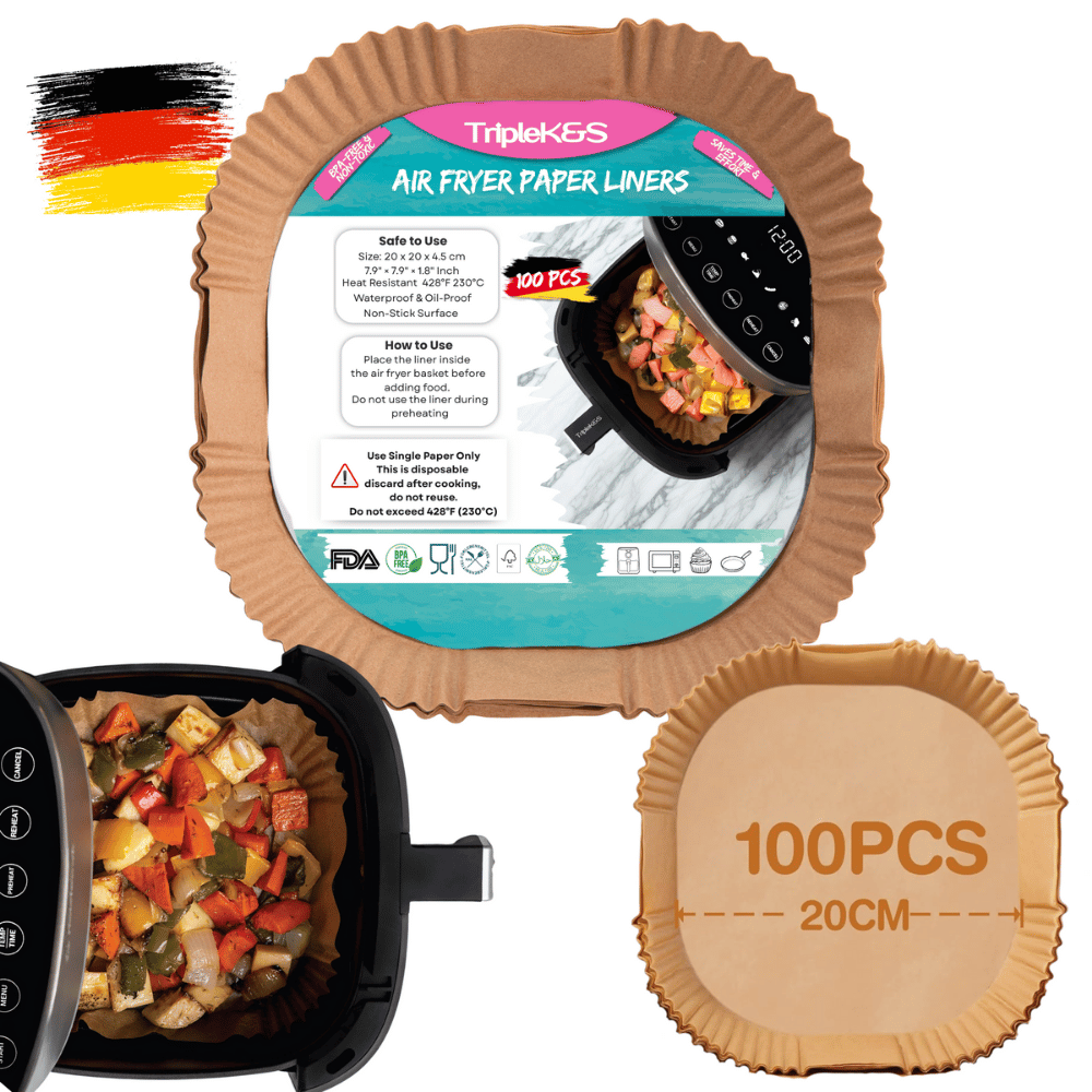 TRIPLE K&S® Airfryer Backpapier – Premium Antihaft Einweg Backpapier für Heißluftfritteuse (2L–10L | Rund & Quadratisch | 100–120 Stück | BPA-frei & Hitzebeständig)
